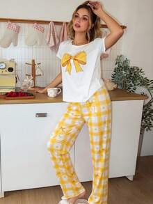 SweetSlumber Women's Sweet Cute Bowknot Plaid Print Round Neck Short Sleeve Long Pants Comfortable Knit Pajama Set - Yellow - View 7