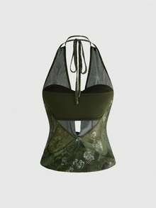 ROMWE Hippie Women's Y2K Back To School Deep Draped Neck Vintage Ruffle Hem Backless Street Style Halter Tank Top (Includes Bandeau Inner Wear) - Army Green - View 2