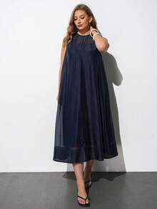 Maija Plus Size Women's Long Dress,Navy Blue Elegant Vacation Round Neck Sleeveless Loose Fit Soft Woven Fabric Modern Chic Office Autumn Outfit Halloween - Navy Blue - View 5