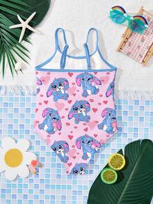 Traje de baño de una pieza casual y minimalista para niñas jóvenes con estampado de conejo azul Lulu, corazón rosa, labios, dibujos animados, lazo, Navidad, otoño, adecuado para vacaciones de verano en la playa, sesión de fotos, vacaciones de verano, traje de baño estético, fiesta en la piscina, campamento de verano, estilo cottagecore - Multicolor - Ver 2