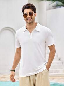 Mercer Haus Men's Casual Solid Color Zipper Short Sleeve T-Shirt, Summer - White - View 5