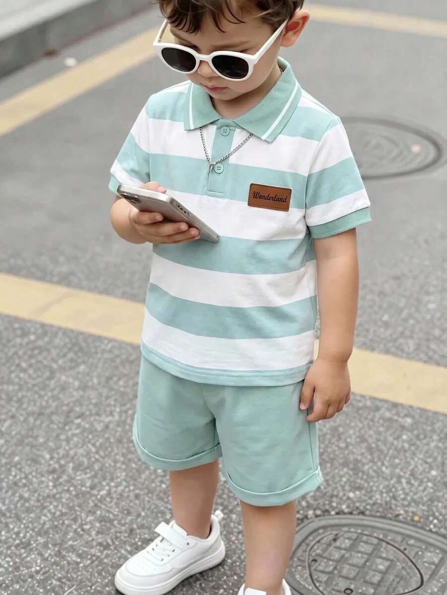 SHEIN Vacaura 2024新款时尚男童夏季两件套套装,幼儿儿童短袖西装 - 薄荷綠 - 查看 1
