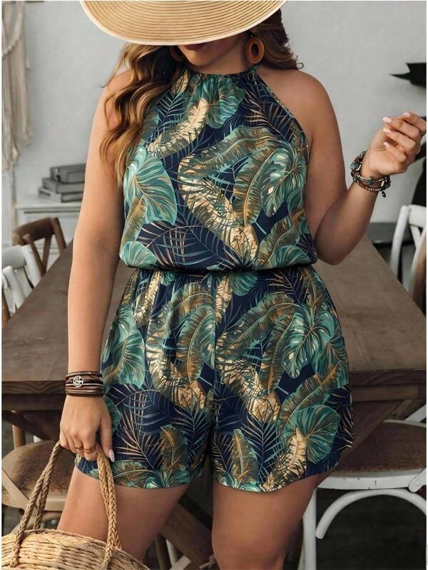 SHEIN VCAY Plus Size Floral Print White Halter Romper, Drawstring Waist Jumpsuit, Casual Countryside Mother's Day Jumpsuit