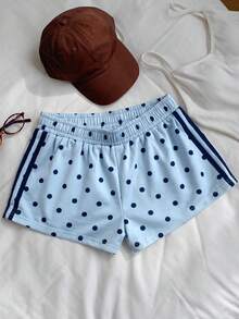 Comfortcana Polka Dot Pattern Elastic Waist Summer Women's Shorts - Blue - View 8