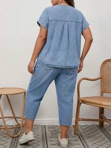 SHEIN EMERY ROSE CURVE 女款寬鬆大尺碼單排扣短袖牛仔上衣與長褲兩件套 - 藍色 - 查看 2