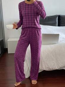 Dambomull 2 st. rutig mönster långärmad skjorta och blommönster sömnbyxor hemkläder komfort pyjamas set för damer - Blåröd - Visa 5