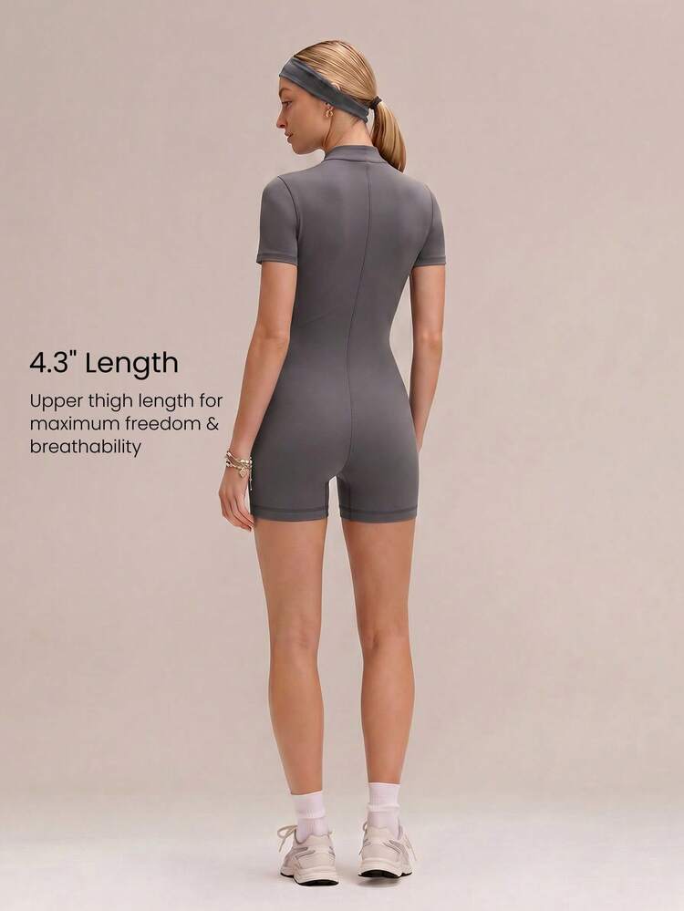 4.3" FeatherFit™-Air GlowSuit Quick-Dry UV Protection Short Sleeve High Neck Front Zipper Curved Paneling Back Seam Design Anti-Slip Hem Zip Bodysuit Summer Daily Casual Wear