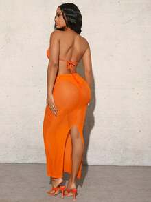 SHEIN SXY Vestido de malla halter con bragas interior bajo con abertura de espalda abierta con cordón de busto con fruncido - Naranja - Ver 4