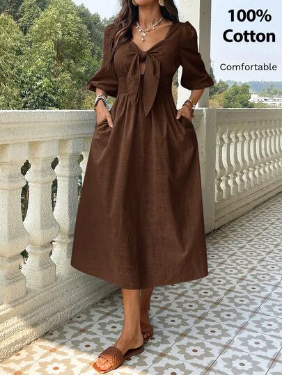  SHEIN VCAY Women's Spring Summer Boho Dress Brown Linen Front Tie Midi Sun Dresses Beachwear For Women Beach Outfits Woman Rave Festival Vacation Nash