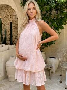 SHEIN Maternity Halter Neck Tie Pleated Fashionable Date Party Dress Summer Dresses Elegant Dresses For Party Casual Outfits Ruffle Dress   Pink Dress - Multicolor - View 10