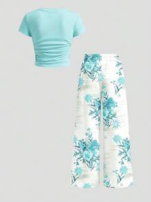 Tween Girl Solid Color Round Neck Short Sleeve T-Shirt And Floral Print Long Pants Knit Two Pieces Set Casual Daily Fashion Versatile - White - View 8