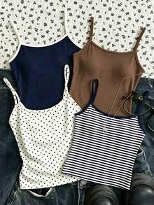 [Random 4 Vest, Send 1 Vest]Maillard Color Palette, Vintage Polka Dot Print Pattern, Tween Girl Casual Simple Spaghetti Strap Fitted Tank Top Summer - White - View 4