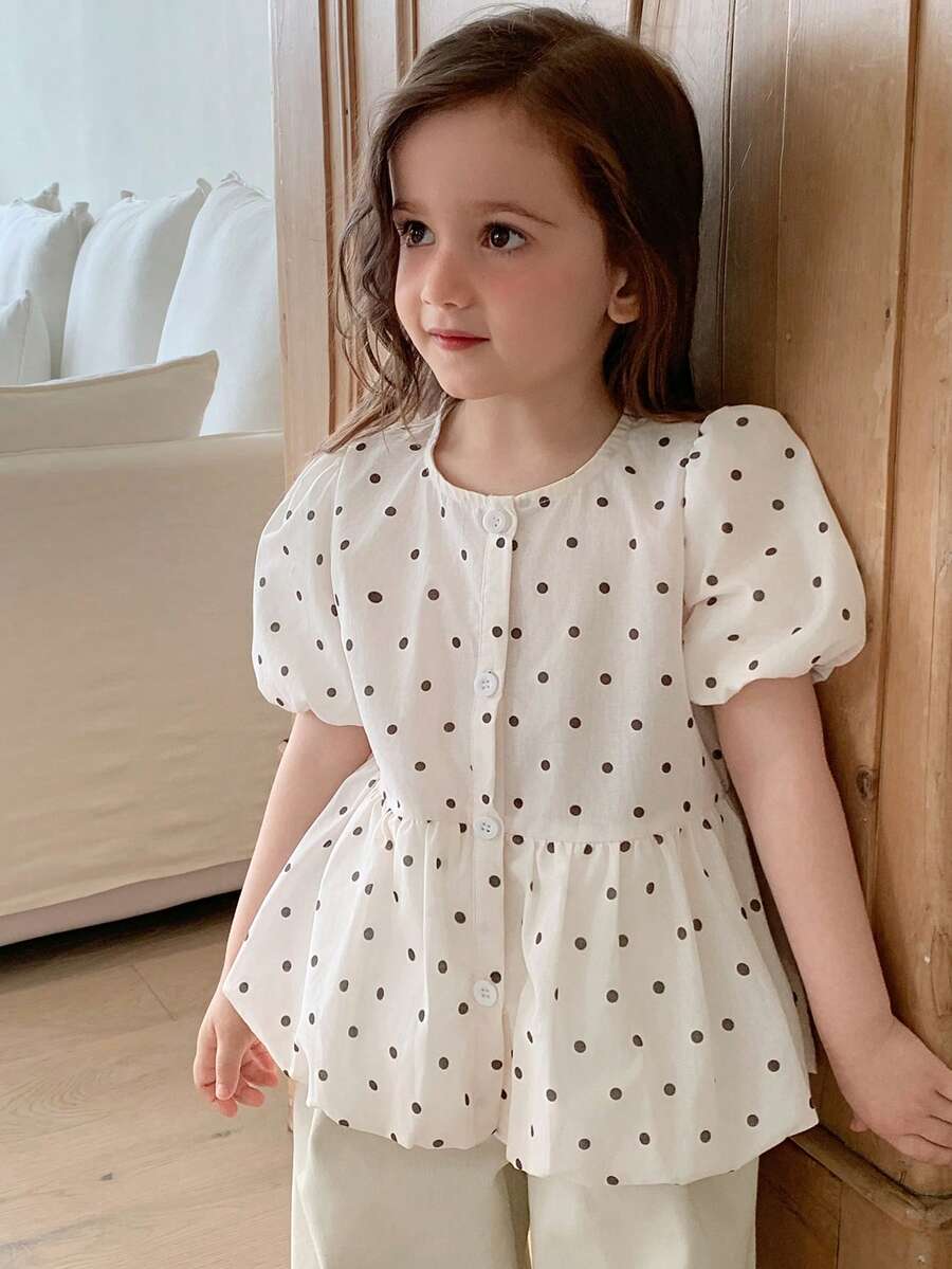 DAZY Kemeja Anak Perempuan Lengan Pendek Kerah Bulat Motif Polkadot dan Patchwork - Khaki - View 1