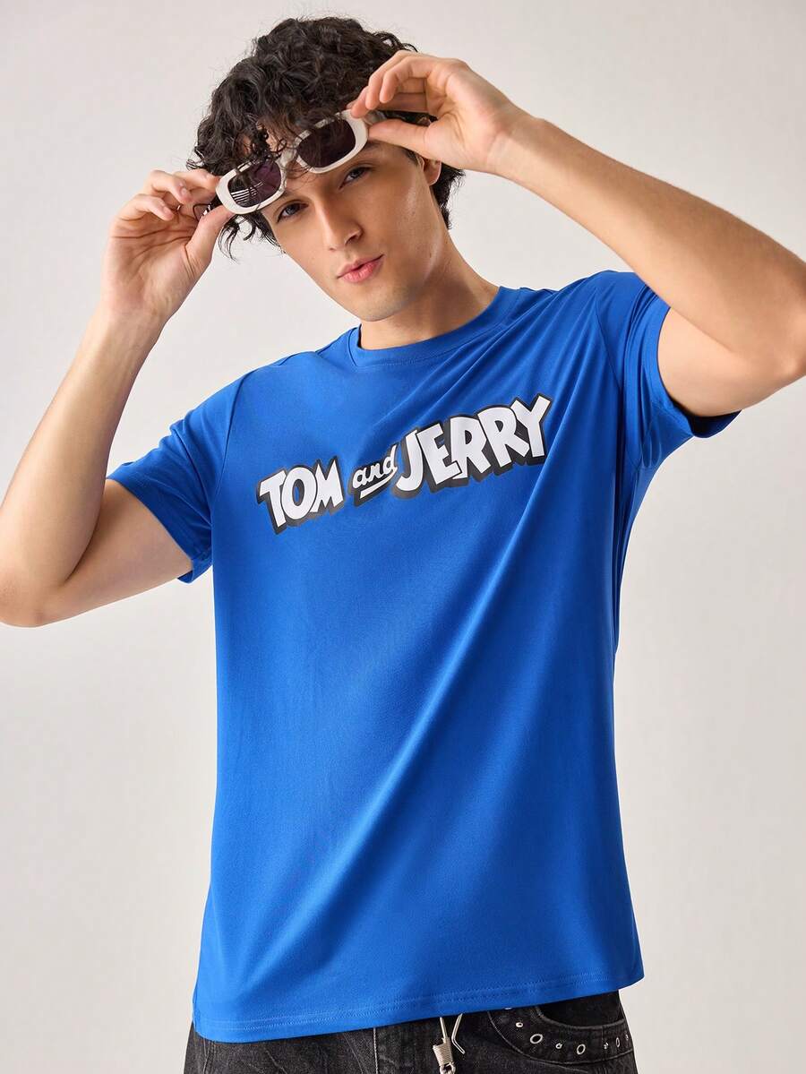Strevion TOM & JERRY 男士简约汤姆滑雪图案印花圆领短袖T恤,夏季 - 寶藍色 - 查看 1