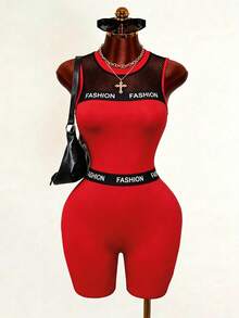 BamGleam Bodysuit Sexy de Malha com Recortes, Ajustado, Sem Mangas, Decoração com Letras, Alta Elasticidade, Modelador, Estilo Hot Girl, Shorts Macacão - Vermelho - Visão 4
