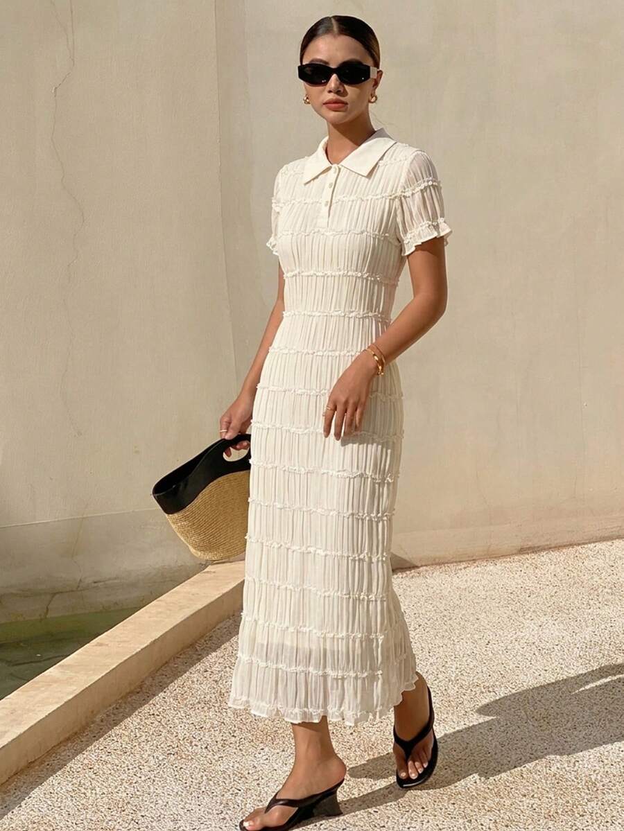 DAZY Summer Women's Elegant Style Lapel Contrast Color Striped Sweater Dress - White - View 1