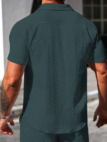 Manfinity Homme Men's Textured Single-Breasted Casual Versatile Short Sleeve Shirt - Cadet Blue - View 2