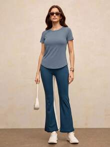 Activina Women's Solid Color Round Neck Mesh Patchwork Raglan Sleeve Waist-Defining Slimming Sports T-Shirt - Blue - View 6