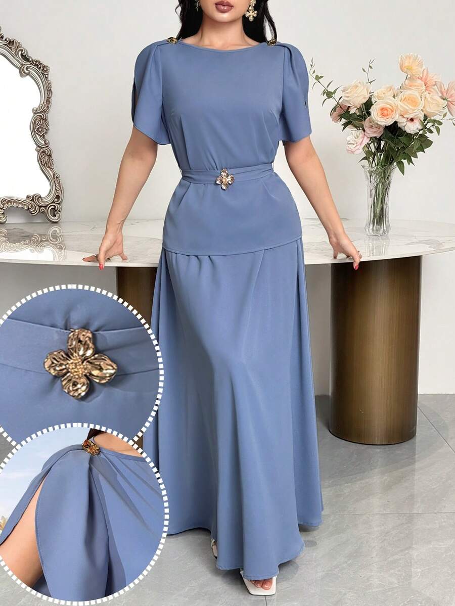 Feyla Women's Metal Flower Decor Cuff Split Top And Solid Color Long Skirt 2 Pieces Set