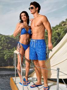 Manfinity VDAYZ Men's Botanical Print Beach Shorts, Holiday - Royal Blue - View 3