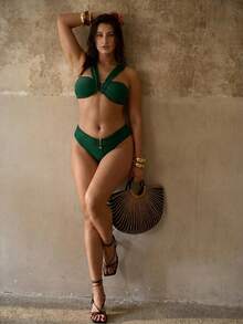 MOTF PREMIUM PLUS SIZE WOMEN'S FRONT CROSS DECONSTRUCTED METAL DECOR HOLLOW OUT ELEGANT ROMANTIC BEACH VACATION BIKINI SET - Dark Green - View 4