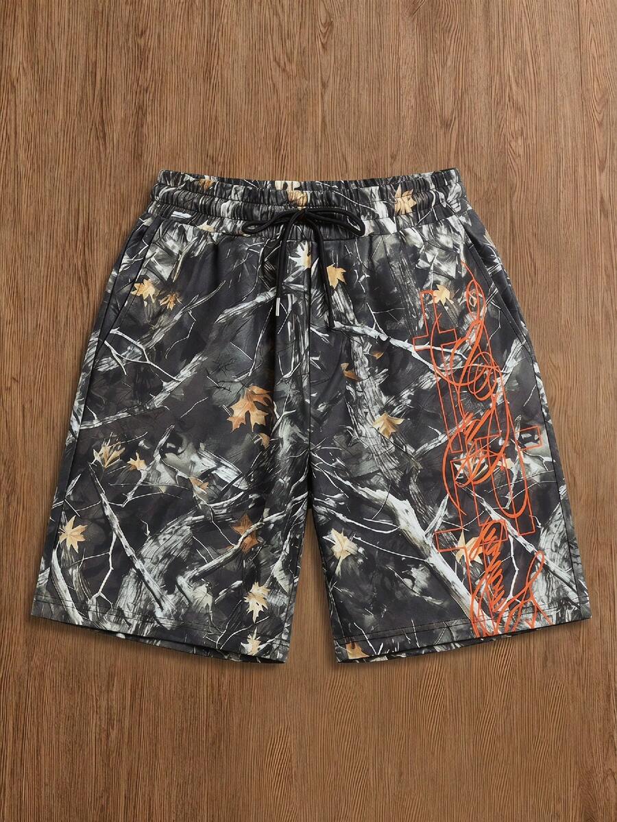 SWAVVY Men's All-Over Print Drawstring Waist Casual Versatile Daily Outing Shorts - Green - View 1