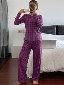 Dambomull 2 st. rutig mönster långärmad skjorta och blommönster sömnbyxor hemkläder komfort pyjamas set för damer - Blåröd - Visa 3