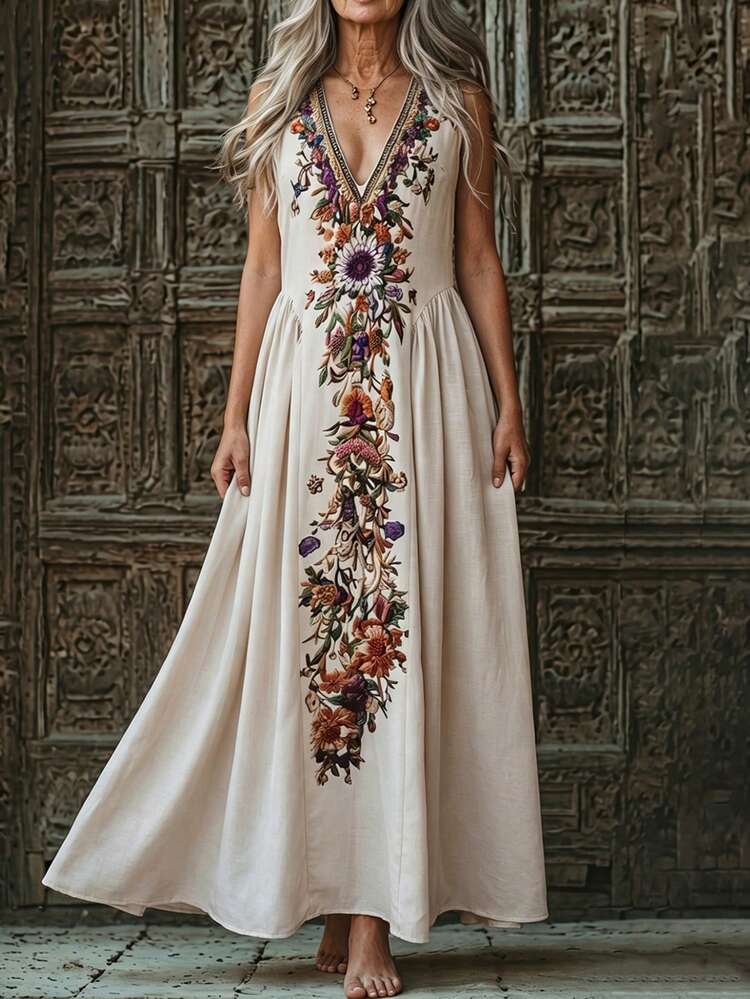 EMERY ROSE 日常休閒百搭寬鬆V領花卉復古印花短袖女款戶外度假灰色綠色春夏洋裝 - 杏色 - 查看 7