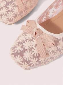 CUCCOO DOLLMOD 女鞋，粉色花朵網面方頭平底鞋，刺繡復古瑪麗珍網面鞋 - 粉色 - 查看 4