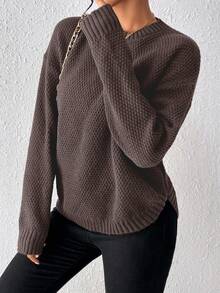 SHEIN LUNE Women's Solid Color Round Neck Drop Shoulder Long Sleeve Casual Sweater - Coffee Brown - View 3