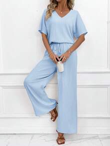 SHEIN Clasi 女款優雅簡約休閒V領上衣寬腿褲葉子印花兩件套度假淺藍色夏季 - 淺藍色 - 查看 8