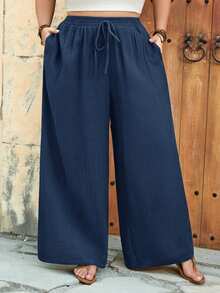 SHEIN CURVE+ 大尺碼US22音樂節、海邊度假、波西米亞風女款夏季休閒沙灘套裝，時尚商務通勤優雅寬腿口袋長褲，蓮花粉色，夏季長褲/鄉村/海邊度假套裝/沙灘套裝/沙灘穿搭 - 霧霾藍 - 查看 6