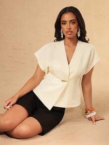 Silquee Elegant Cream White V-Neck Batwing Sleeve Fitted Top,Semi Formal Summer Blouse For Women,Perfect For Work,Office,Vacations And Social Occasions - Apricot - View 5