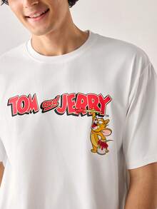Strevion TOM & JERRY 男士休闲百搭汤姆和杰瑞图案印花圆领短袖T恤 - 白色 - 查看 6
