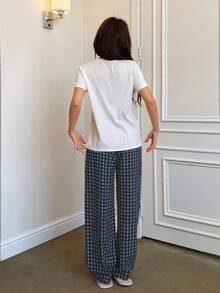 Napfluff 可愛蝴蝶結刺繡上衣與格紋長褲女款睡衣套裝 - 藏蓝色 - 查看 2