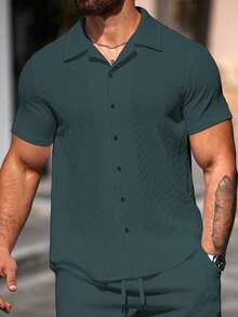 Manfinity Homme Men's Textured Single-Breasted Casual Versatile Short Sleeve Shirt - Cadet Blue - View 4