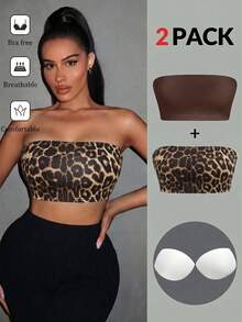 SHEIN SXY 2件組女款多色彈性平口休閒百搭性感短版上衣，內建胸墊 - 彩色 - 查看 3