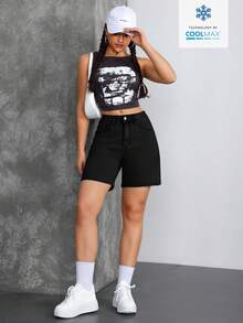 SHEIN Tall Y2K 中腰休閒水洗牛仔短褲 女款 - 黑色 - 查看 5