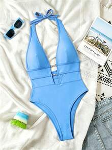 Springbreak Swim SXY 女款黑色深V掛脖性感一件式泳衣 節慶波希米亞風 - 藍色 - 查看 5