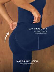 GLOWMODE Legging Olahraga Lari/Gym dengan Pinggang Tinggi 3 Panel, Lembut, Tanpa Jahitan, dan Efek Mengangkat Bokong, Ukuran 24" Ultrafine, Lembut, dan Tanpa Jahitan, Cocok untuk Latihan Berdampak Sedang, Lari, dan Olahraga di Gym. - Dark Blue - View 5