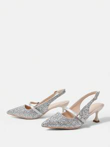 CUCCOO HITCHD WomenShoes Spring And Summer New Romantic Elegant Silver Glitter PU Stiletto Shoes Dress Shoes Bridal Shoes Wedding Season Party Wear - Silver - View 9