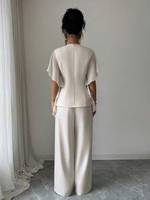 Selianne Summer French Elegant Exquisite V-Neck Casual Commute Chiffon Ruffle Sleeve Exaggerated Metal Button Decor Jacket And Long Pants 2pcs Set Office White - Apricot - View 2