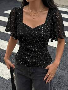 Modelyn Women's Summer Casual Romantic Polka Dot Print Shirt Going Out Black And White Polka Dot - Black - View 3
