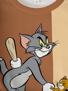 TOM & JERRY X SHEIN 小男孩字母卡通印花圓領長袖休閒運動衫 - 白色 - 查看 5