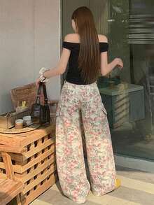 DAZY 女款花卉印花鈕扣寬鬆工裝休閒牛仔褲可愛上衣 - 粉色 - 查看 3