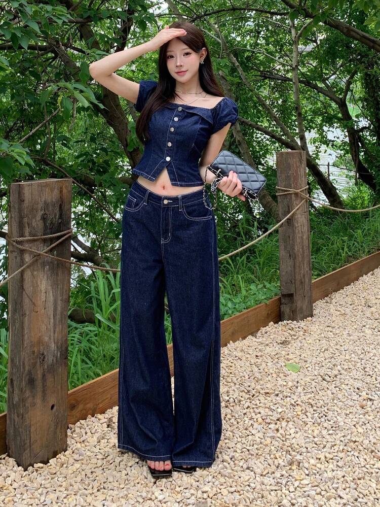 Summer Washed Blue Back To School Elegant Denim Top Straight Leg Casual Denim Pants Set Women's Denim Suit
