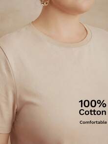 Anewsta Spring/Summer Minimalist Solid Color All-Match Versatile Plus Size Short Sleeve Comfortable Casual 100% Pure Cotton Women's Plus Size T-Shirt - Apricot - View 2