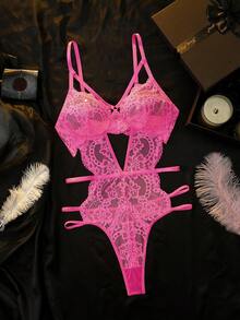 Seduluxe 1pc Lace Wireless Sexy Bodysuit For Women - Hot Pink - View 5