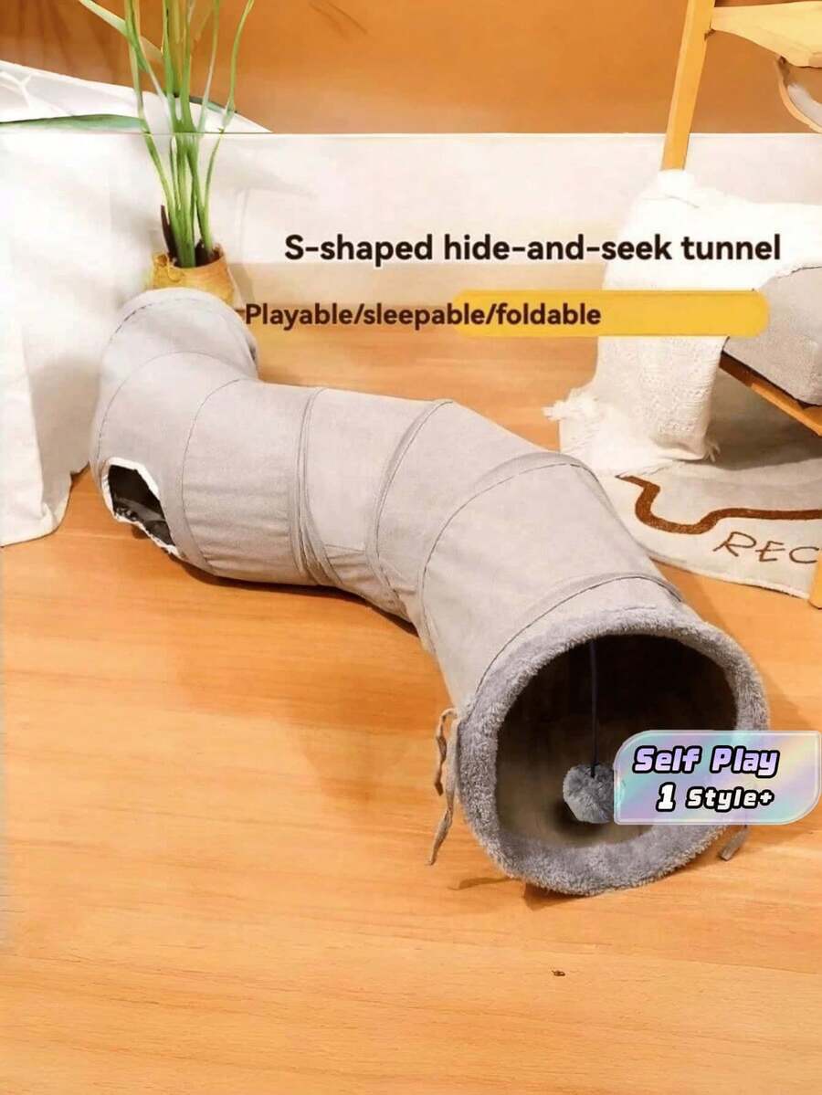 1pc Foldable Cat Tunnel S Shape Maze Large Extra Long Play Hide Cave For Indoor Cats Kittens Rabbits Ferrets Small Puppies With Hanging Ball Peekaboo Hole - Grey - View 1