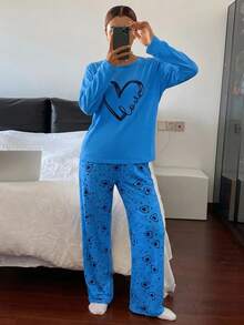 Pyjamasset i bomull för kvinnor, 2 delar, långärmad topp med kontrastfärg och slogan-text samt sovbyxor med randigt hjärtmönster, hemmakläder - Blå - Visa 6